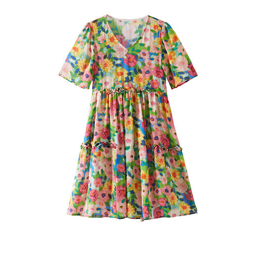 WWM-69479小个子微胖新款印花裙子桑蚕丝法式真丝连衣裙多巴胺掐腰裙 商品图4