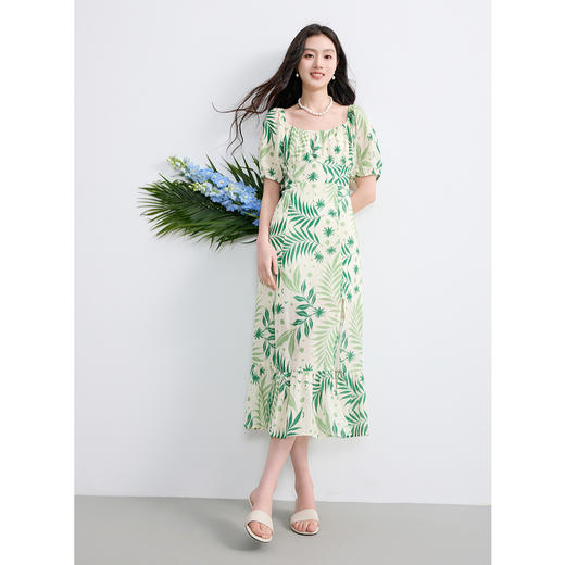 【莱赛尔+亚麻】三彩2025夏季新款连衣裙方领高腰A字裙开叉长裙度假S 商品图1