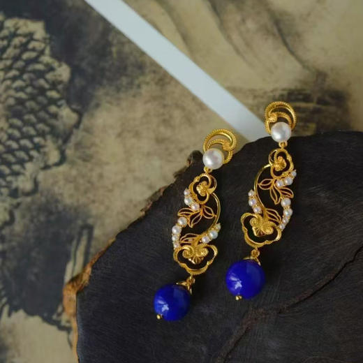 龢盒原创 灵芝抱福，岁月流金 如意灵芝青金石耳坠 商品图1