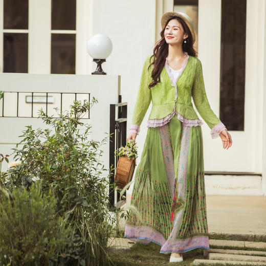 【林栖设计小店】【现货】【林栖推荐】2025夏季新品桃红柳绿色提花拼真丝开衫外套女N1952432 商品图3