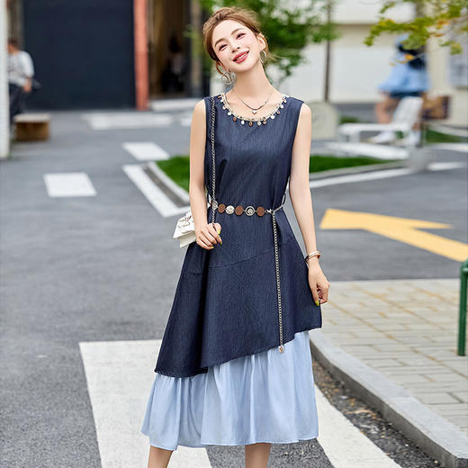 雀说时尚圆领无袖假两件连衣裙女夏季宽松显瘦好看撞色拼接背心裙子AL6266 商品图1
