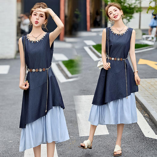雀说时尚圆领无袖假两件连衣裙女夏季宽松显瘦好看撞色拼接背心裙子AL6266 商品图5