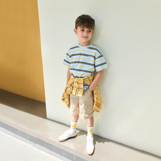 马克珍妮男童美式休闲条纹短袖T恤 儿童上衣2025年春夏新款550626 商品图1