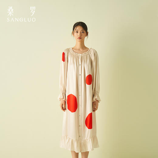 【新品】桑罗重磅桑蚕丝睡裙波点印花一字肩可外穿家居服度假睡衣03422871 商品图0