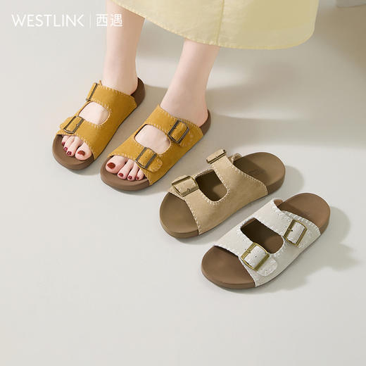 西遇厚底勃肯拖鞋女新款夏季复古缝线休闲沙滩一字拖外穿凉拖V0056560 商品图0