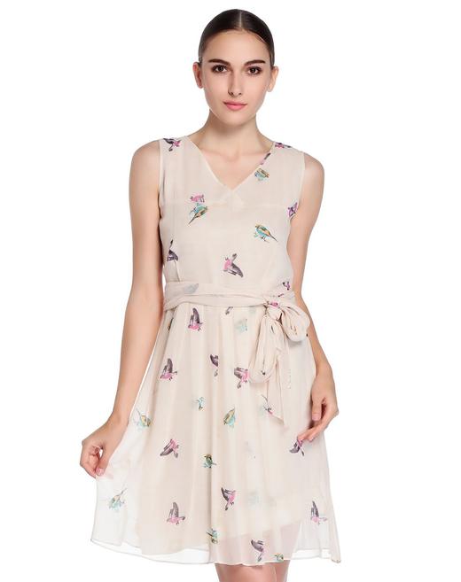 4894415333978  JOAN&DAVID 米杏色甜美清新印花无袖连衣裙 商品图0