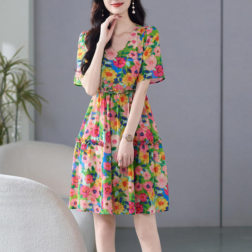 WWM-69479小个子微胖新款印花裙子桑蚕丝法式真丝连衣裙多巴胺掐腰裙 商品图2