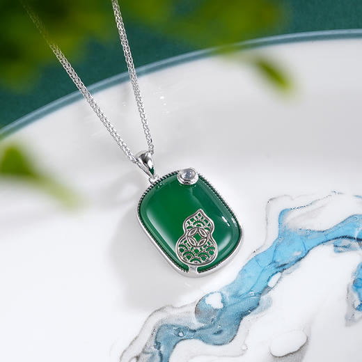 子佩集S925银【灵葫逸韵】套链【TL015473】纯银绿玉髓方块方牌葫芦无事牌项链2504 商品图1