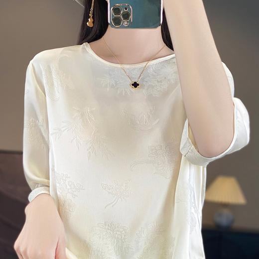 雀说缎面国风新中式女装圆领短款暗提花大码短袖百搭T恤上衣ALF28 商品图6