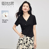 熙世界不规则开叉黑色T恤女短袖2025夏新款设计感修身正肩V领上衣 商品缩略图0