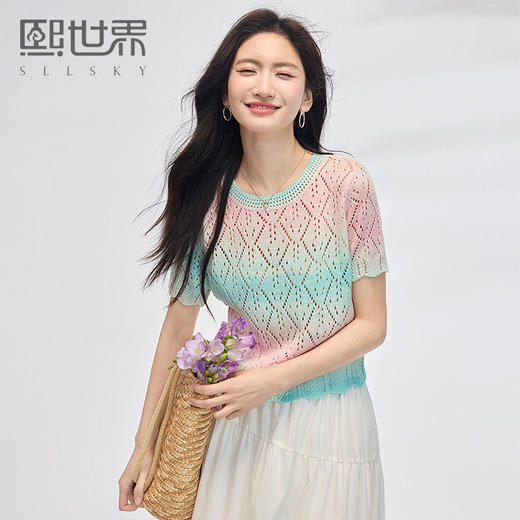 【周末秒杀】熙世界丁达尔渐变镂空短袖针织衫女薄款圆领短袖上衣2025夏季新款 商品图0