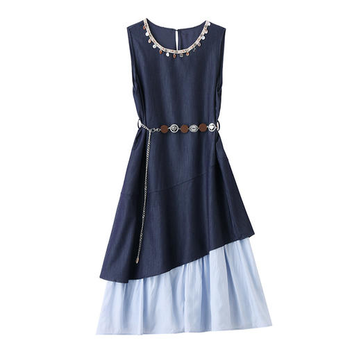 雀说时尚圆领无袖假两件连衣裙女夏季宽松显瘦好看撞色拼接背心裙子AL6266 商品图4