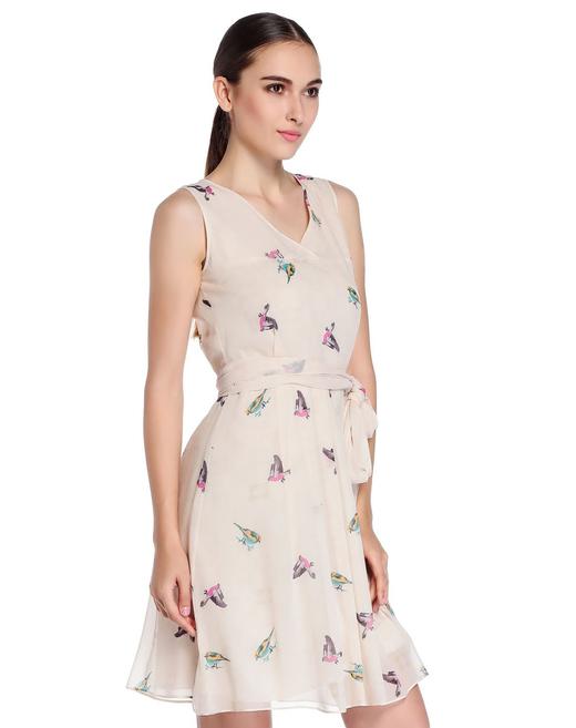 4894415333978  JOAN&DAVID 米杏色甜美清新印花无袖连衣裙 商品图2