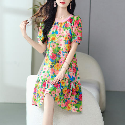 WWM69469小个子宽松A版娃娃印花真丝连衣裙子女度假风约会小裙 商品图0