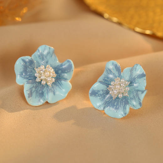 雀说法式浅蓝色花朵耳环女高级设计感百搭时尚银针耳钉气质中古风耳饰AL0927 商品图2
