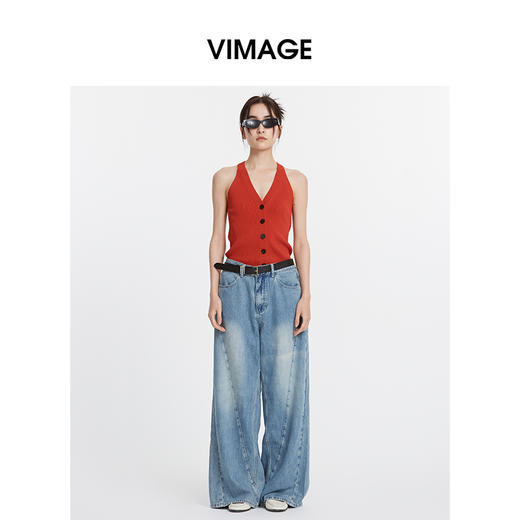 VIMAGE纬漫纪慵懒感休闲港风无袖挂脖针织吊带上衣2025夏季新款V2301933 商品图0