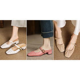 手工女鞋软底褶皱穆勒凉拖鞋2025新款真皮鞋子多巴胺百搭3CM