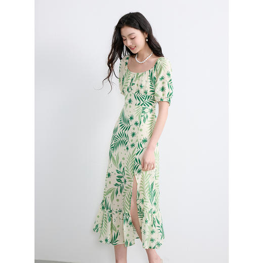 【莱赛尔+亚麻】三彩2025夏季新款连衣裙方领高腰A字裙开叉长裙度假S 商品图2