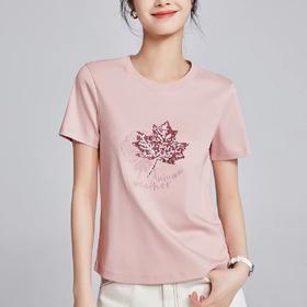 【自】全新升级【铂金会员109/天猫149/差价40】(03059) 洛诗琳枫叶珠片刺绣短袖T恤新款宽松显瘦圆领丝光棉半袖上衣