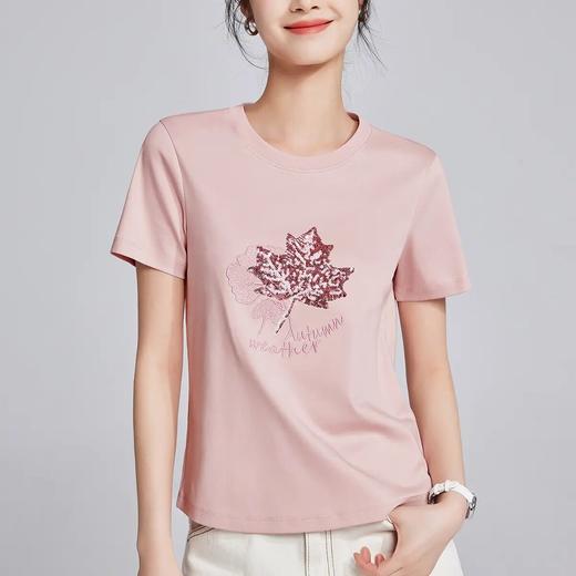 【自】全新升级【铂金会员109/天猫149/差价40】(03059) 洛诗琳枫叶珠片刺绣短袖T恤新款宽松显瘦圆领丝光棉半袖上衣 商品图0