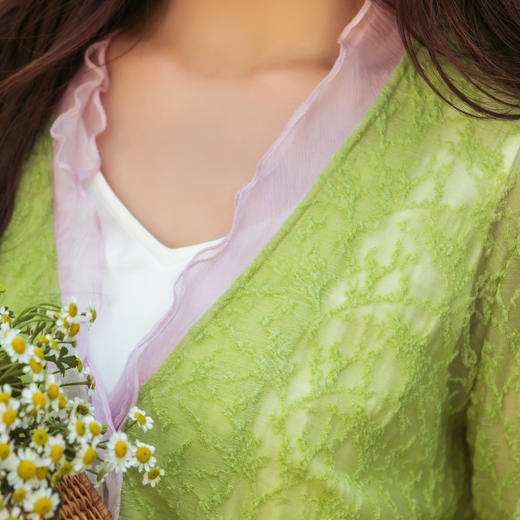 【林栖设计小店】【现货】【林栖推荐】2025夏季新品桃红柳绿色提花拼真丝开衫外套女N1952432 商品图7