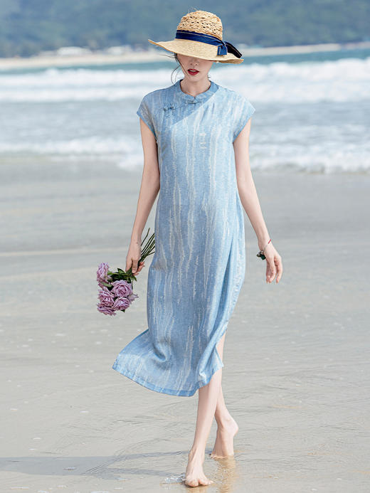 雀说新款亚麻提花气质改良旗袍立领盘扣无袖凉感中国风连衣裙ALS494 商品图5