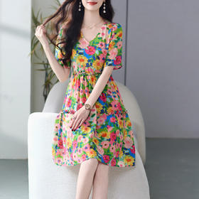 WWM-69479小个子微胖新款印花裙子桑蚕丝法式真丝连衣裙多巴胺掐腰裙