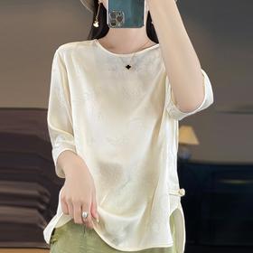 雀说缎面国风新中式女装圆领短款暗提花大码短袖百搭T恤上衣ALF28