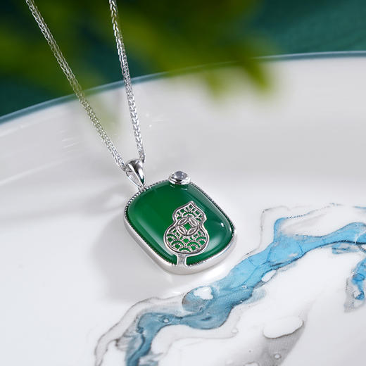 子佩集S925银【灵葫逸韵】套链【TL015473】纯银绿玉髓方块方牌葫芦无事牌项链2504 商品图2