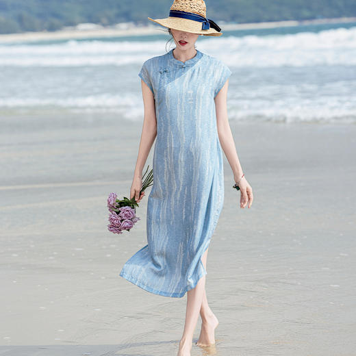 雀说新款亚麻提花气质改良旗袍立领盘扣无袖凉感中国风连衣裙ALS494 商品图1
