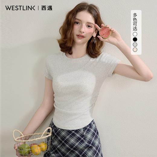 西遇圆领短袖t恤女新款休闲纯色修身内搭正肩短款上衣SS150224 商品图3