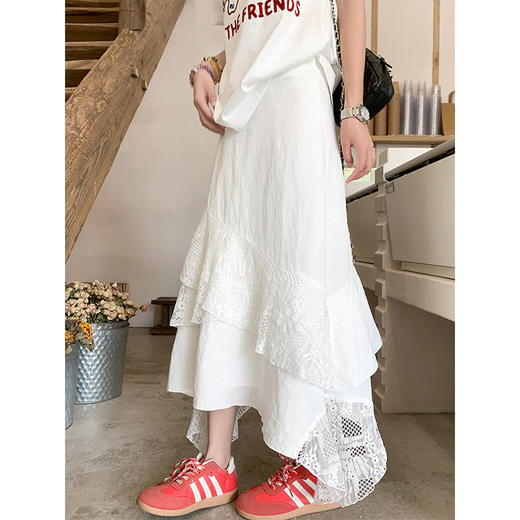 <曾小咸推荐>甜酷风蕾丝刺绣不规则长裙女 商品图0
