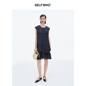 [黄龄同款]SELFWHO棉亚麻原色牛仔连衣裙女夏季新款拼接鱼尾裙子