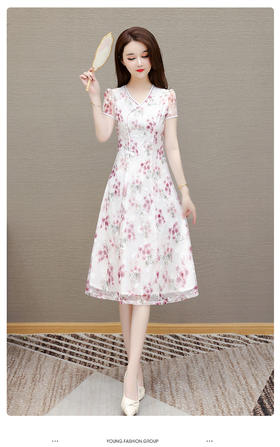 印花改良旗袍裙，优雅修身洋气短袖连衣裙QYM- AH-5196BK63-L