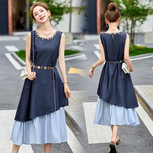 雀说时尚圆领无袖假两件连衣裙女夏季宽松显瘦好看撞色拼接背心裙子AL6266 商品图2