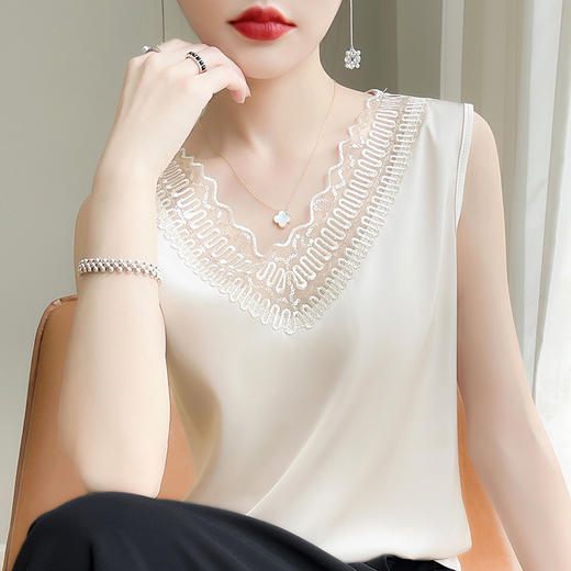 雀说丝绸缎面装新款v领无袖小背心T恤网纱拼接上衣宽松吊带ALA126 商品图3