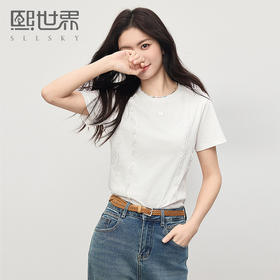 熙世界蕾丝花边拼接白色T恤女设计感圆领棉体恤上衣2025夏季新款