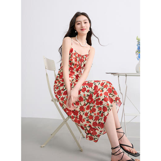 三彩2025夏季新款法式莱赛尔碎花连衣裙一字领吊带裙长裙优雅S 商品图2