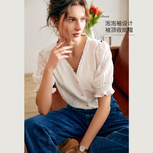 OLrain欧芮儿法式白色V领衬衫女夏季2025年新款宽松刺绣纯棉衬衣 商品图0