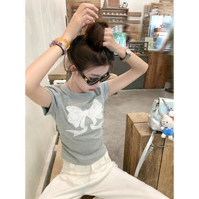 <曾小咸推荐>气质蝴蝶结印花修身短款上衣T恤