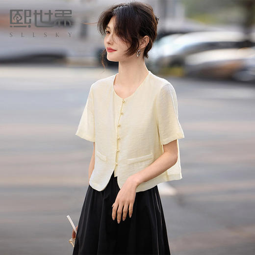 【专属特价】熙世界小香风天丝衬衫短外套女2025夏季新款圆领国风提花短袖衬衣 商品图0