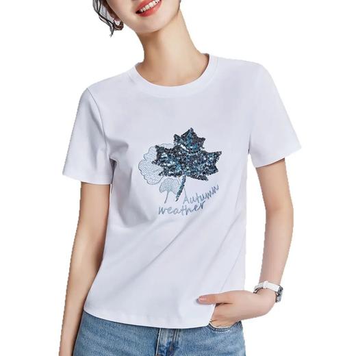 【自】全新升级【铂金会员109/天猫149/差价40】(03059) 洛诗琳枫叶珠片刺绣短袖T恤新款宽松显瘦圆领丝光棉半袖上衣 商品图4