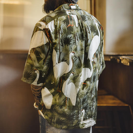 工装优选复古港风仙鹤花衬衫古巴领浮世绘天丝夏威夷短袖衬衣男夏 商品图4