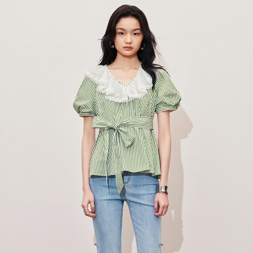 条纹翻领娃娃衫泡泡袖蝴蝶结衬衫修身上衣(货号:MS85TP003S5001) 商品图3