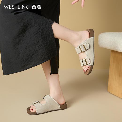 西遇厚底勃肯拖鞋女新款夏季复古缝线休闲沙滩一字拖外穿凉拖V0056560 商品图3