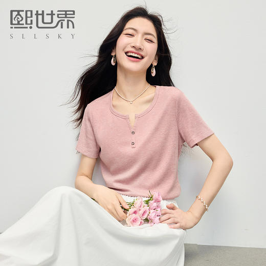 【专属特价】熙世界气质正肩粉色T恤短袖女2025夏季新款基础百搭休闲体恤上衣 商品图0