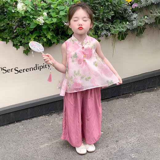 【夏日国风牡丹套装，时尚洋气~】女童牡丹无袖国风套装 2025夏季新款 时尚小女孩洋气两件套 小童夏装-QQ 商品图3