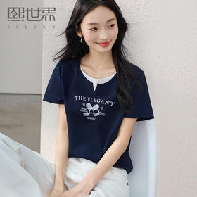 熙世界2025年夏季新款美式复古假两件T恤女短袖休闲圆领印花上衣