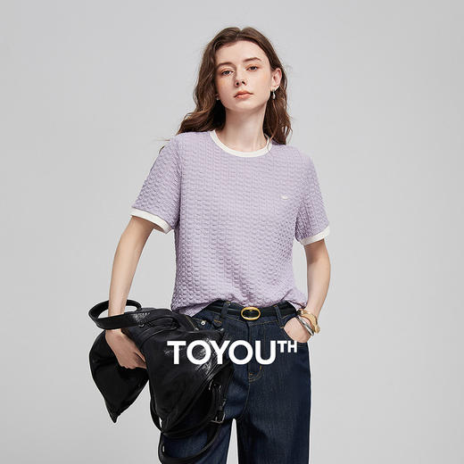 初语浮雕肌理短袖T恤女泡泡褶2025夏季新款撞色圆领别致上衣 商品图0