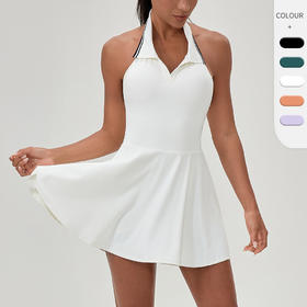 跃牌【欲动春风】系列 运动网球裙女挂脖健身连体裙撞色翻领高尔夫球裙52174